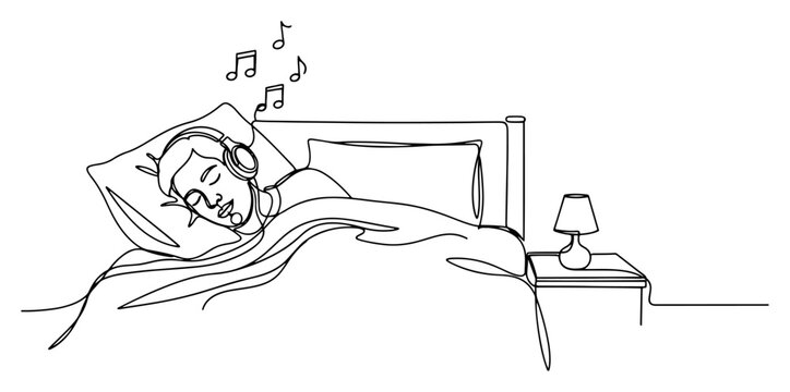 Person sleeping in bed while listening to music with headphones in minimalist continuous one line art style
