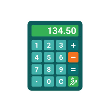 Green digital calculator displaying number 134.50, with numeric keypad and function buttons, ideal for finance and accounting concepts