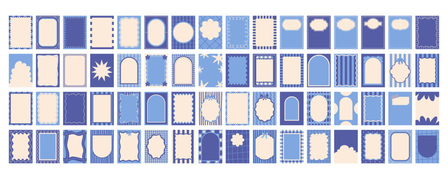 Marine background frame collection with wavy frame, stripe pattern, blank organic shape border, hand drawn vector, blue mediterranean line art, minimalist retro flat for cover, card, poster design