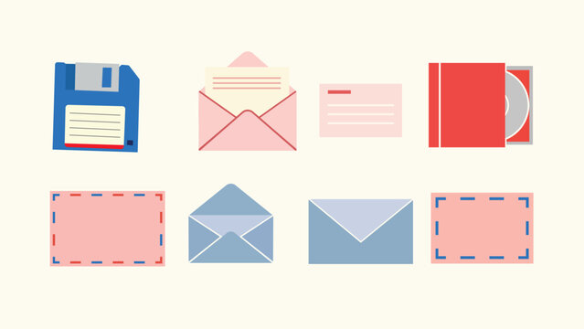 Collection of mail envelope icons and computer storage media flat design elements for digital communication web graphics.