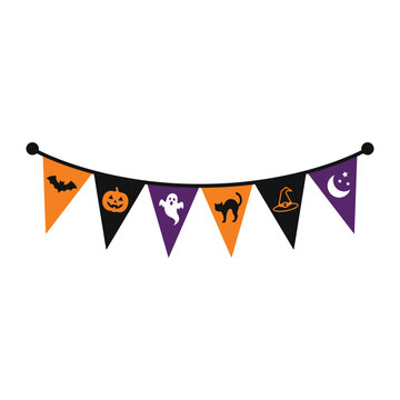 Halloween party banner flags with bat, pumpkin, ghost, black cat, witch hat, and moon, orange, black, blue