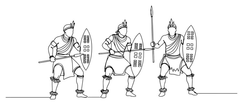 Tribal warriors with spears and shields in one line art style