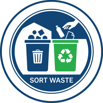 Illustration of two waste bins, one blue for general waste and one green for recycling, with text "SORT WASTE" below, promoting environmental responsibility