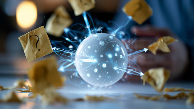 Arrows from question mark sticky notes pointing at a glowing white sphere emitting tech symbols on a bright surface artificial intelligence concept arrows sticky notes