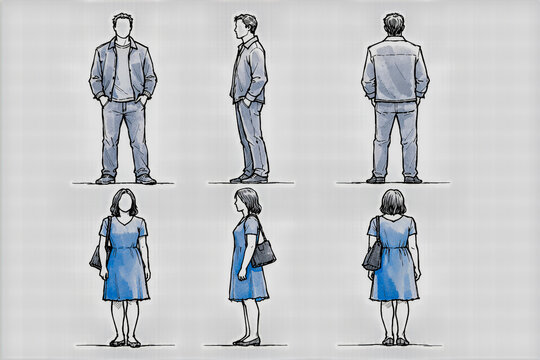 Set of illustrated human figures in standing poses on a crisp white backdrop. Excellent graphic resource for adding scale and life to architectural concept drawings.
