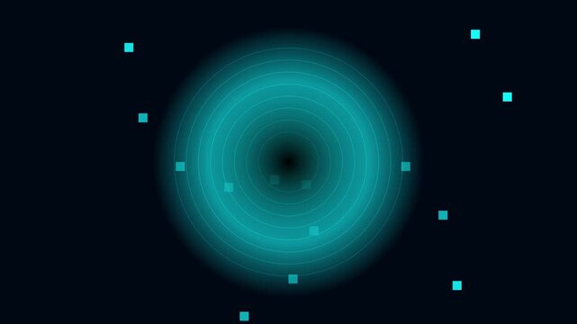 Digital radar scan interface with pulsing cyan circles and floating data particles for technology and cybersecurity backgrounds animation 4k