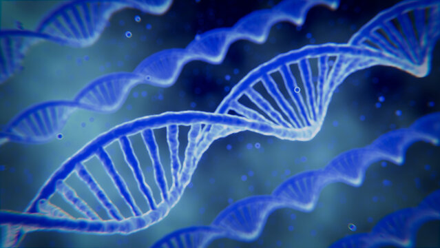 Scientific illustration featuring vibrant blue DNA double helix structures against a soft gradient background, highlighting genetic research and molecular biology concepts.