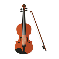 Fototapeta premium Isolated wooden violin with bow, classic musical instrument, orchestral performance, strings and wood grain detail