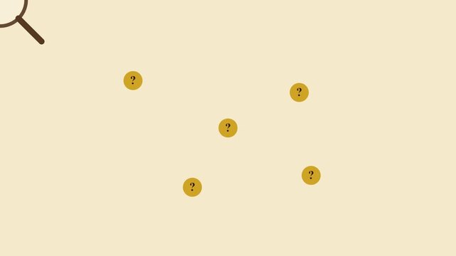 Magnifying glass searching for answers with floating question marks concept animation 4k inquiry analysis