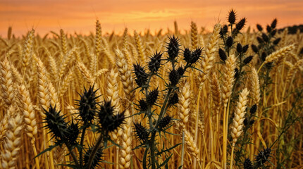 Obraz premium Dark prickly weeds growing in a golden wheat field sunset