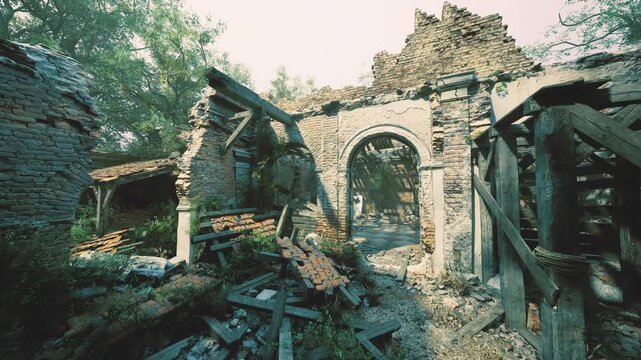 Sunlit stone gateway ruins germany crumbling archways and rubblestrewn passage open to sky, wildflowers and saplings pushing through debris, warm tones