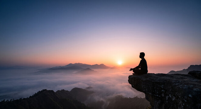 Silhouette figure meditating cross-legged on rock ledge