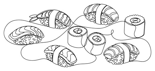 Sushi set with nigiri and maki rolls in minimalist continuous one line art style © Kumamoto