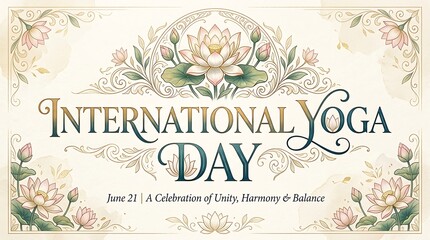 Fototapeta premium Elegant serif typography with lotus accents, text “International Yoga Day”
