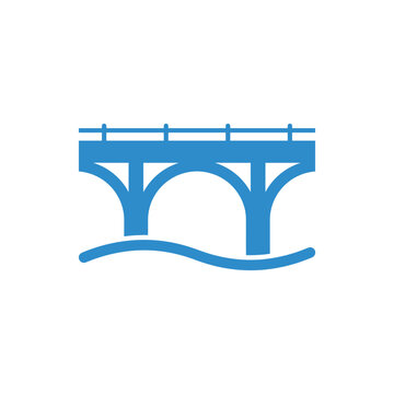 Simple blue arch bridge over stylized wavy water, flat icon symbol for connection and passage