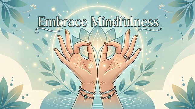 Vector hands forming lotus shape, text &ldquo;Embrace Mindfulness&rdquo;