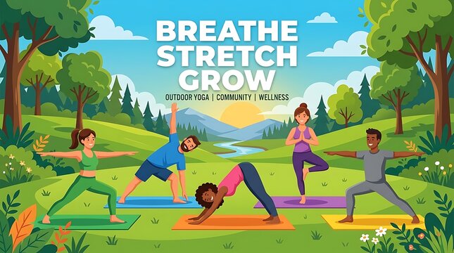 Vector illustration of group yoga session outdoors, bold text &ldquo;Breathe Stretch Grow&rdquo;