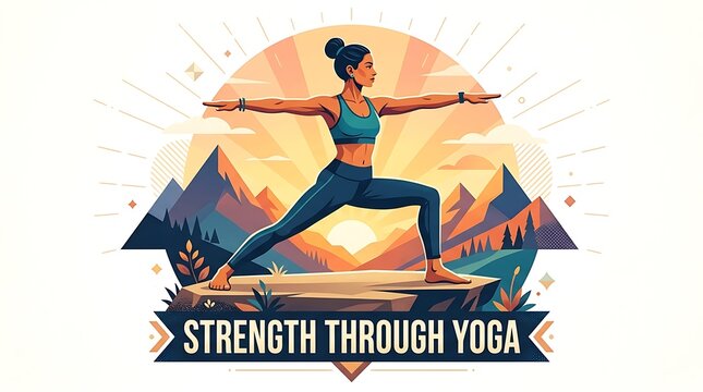 "Strength Through Yoga" is written on a vector picture of a person in warrior position