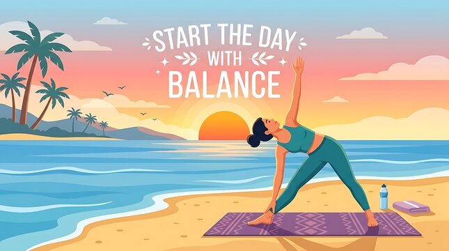 "Start the Day with Balance" is written on a vector illustration of sunrise yoga by the beach