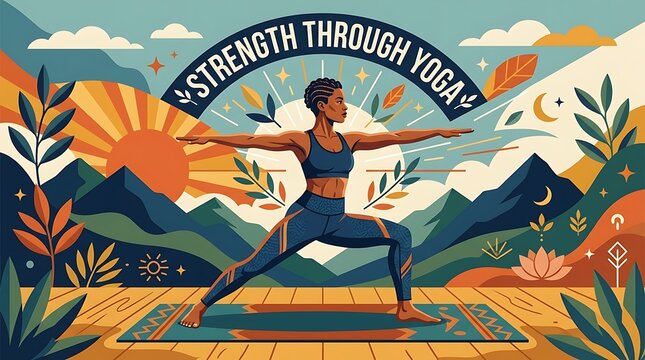 Vector illustration of person in warrior pose, text &ldquo;Strength Through Yoga&rdquo;