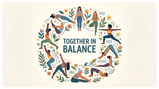 "Together in Balance" is written on a vector artwork of yoga poses that create a circle
