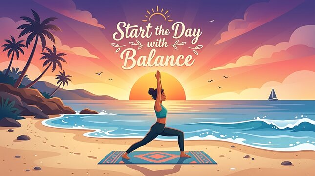 Vector illustration of sunrise yoga by the beach, text &ldquo;Start the Day with Balance&rdquo;