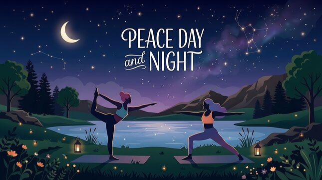 "Peace Day and Night" is written on a vector drawing of a yoga practice beneath the stars