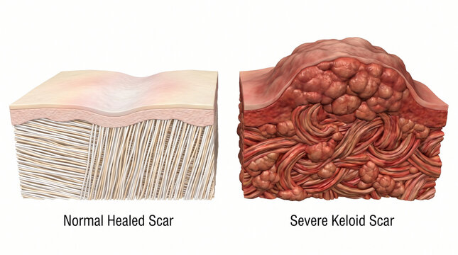 Severe Keloid Scar Cross Section Comparison with Normal Healed Skin Tissue

