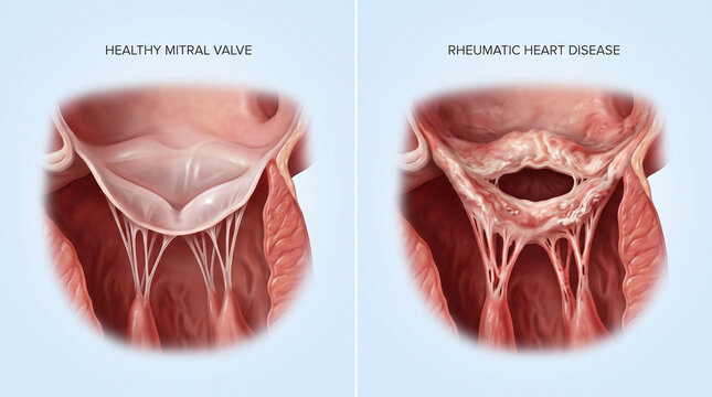 Rheumatic Heart Disease Mitral Valve Pathology Compared with Healthy Cardiac Structure

