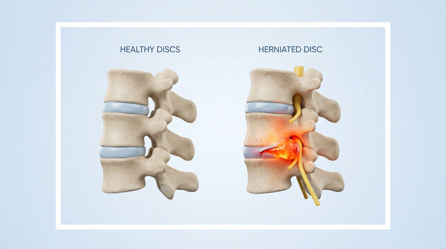 3D Medical Illustration of Healthy Spine Discs vs Herniated Disc
