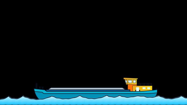 Cargo barge ship sailing over blue ocean waves vector animation boat sea water