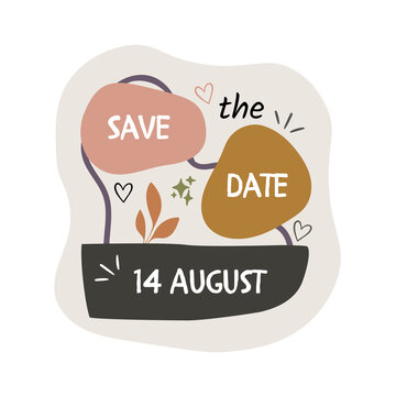 save the date 14 august wedding engagement announcement card, modern abstract boho typography, minimalist invitation design, transparent background