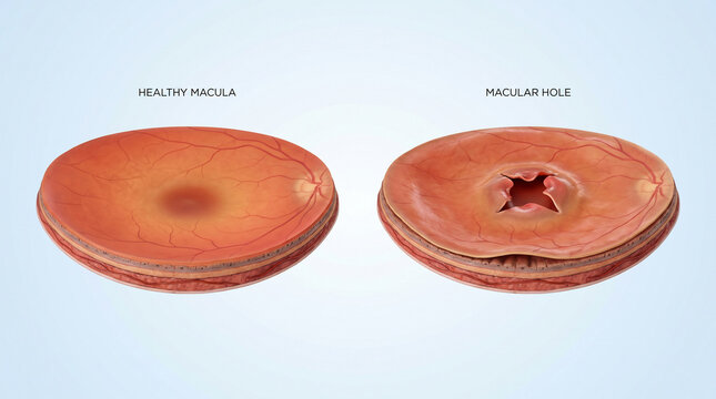 Macular hole retinal defect and healthy macula comparison eye pathology
