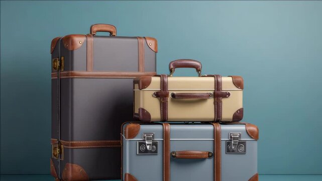 A collection of vintage suitcases with leather straps and brass buckles on a blue background.