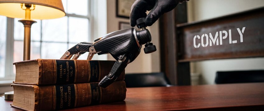 Robotic hand compliance law books, gloved hand adjusting mechanical wrist joint: symbolizing automated regulation, corporate policy control, technology governance, and legal system authority.