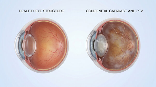 Congenital cataract and PFV persistent fetal vasculature eye disease comparison
