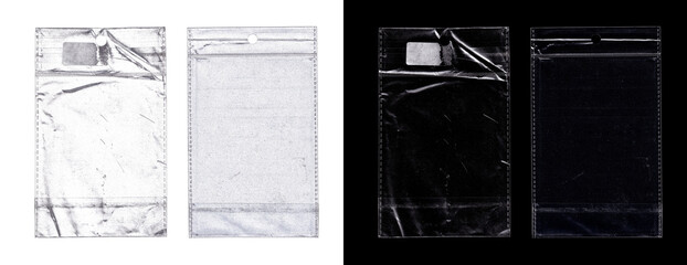 Set of small transparent plastic packaging bags with hanging holes, seal line, and blank white price sticker isolated mockup for retail product display or merchandise overlay. PNG polythene packing © SergeyBitos
