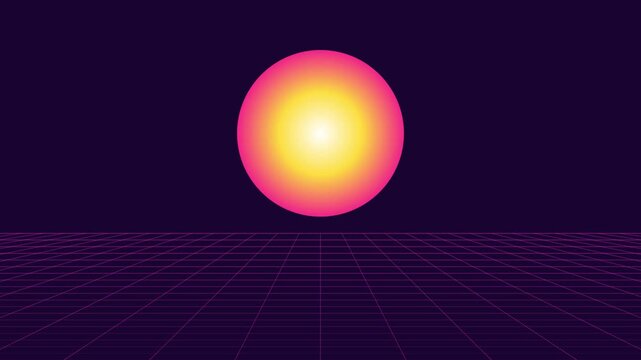 Retro synthwave sun over digital grid horizon, 80s style vaporwave animation 4k background