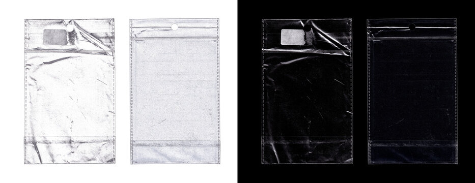 Set of small transparent plastic packaging bags with hanging holes, seal line, and blank white price sticker isolated mockup for retail product display or merchandise overlay. PNG polythene packing