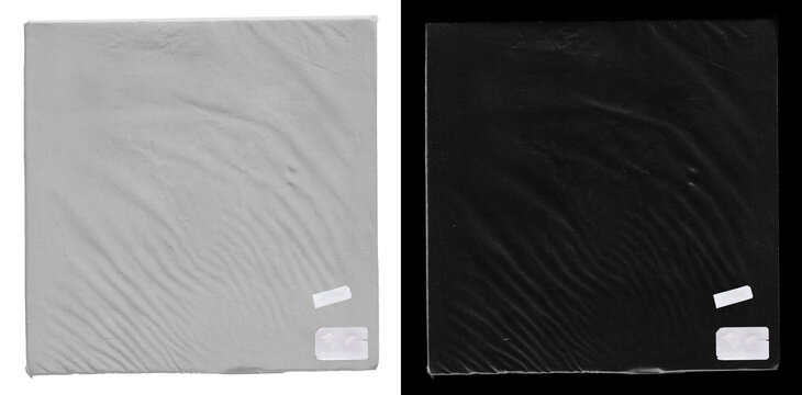 Square transparent plastic wrap texture with soft wrinkles, cellophane reflection, and blank white price tag stickers isolated for vinyl record, album cover overlay. PNG plastic packing mockup