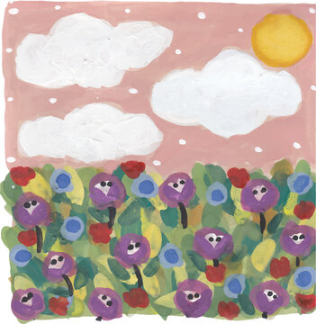 Whimsical Field of Flowers with Eyes and Sun Hand-Painted Illustration