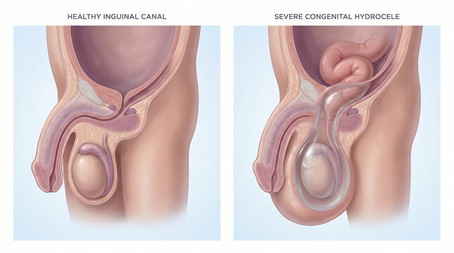 Healthy Inguinal Canal vs Severe Congenital Hydrocele 3D Render
