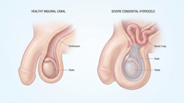 Congenital Hydrocele vs Healthy Inguinal Canal Labeled Diagram
