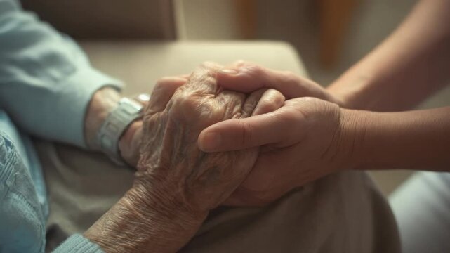 An elderly couple interlock their fingers in a warm and heartfelt handshake.