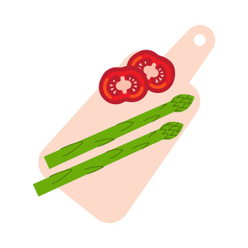Asparagus and tomato PNG on transparent background. Fresh vegetables on cutting board for healthy recipes, cooking, restaurant menus, grocery branding, food blogs. High resolution vector illustration