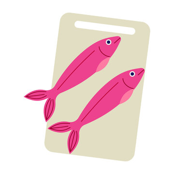 Pair of pink fish on cutting board. Seafood clipart for cooking, restaurant menus, recipe design, article, cookbook, branding, food packaging, culinary illustrations. High resolution vector PNG