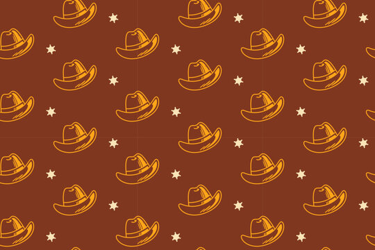 Cowboy hat with stars seamless pattern on tan background. Cattleman hat vintage repeating pattern. Frontier hat illustration retro repeat motif