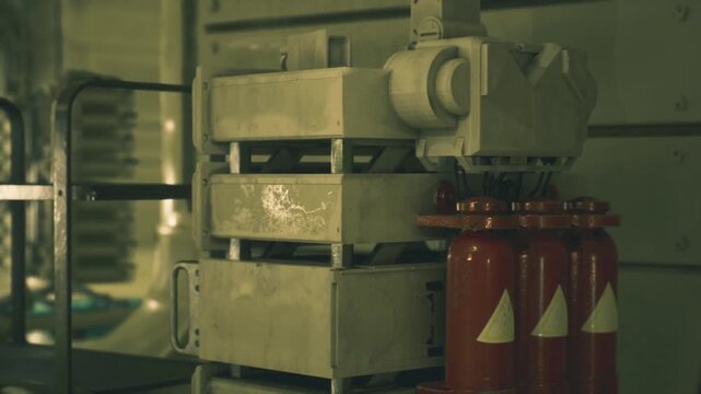 Red extinguisher canisters beside control rack and piping, safetyfocused corner with pressure fittings and release labels, compact suppression system