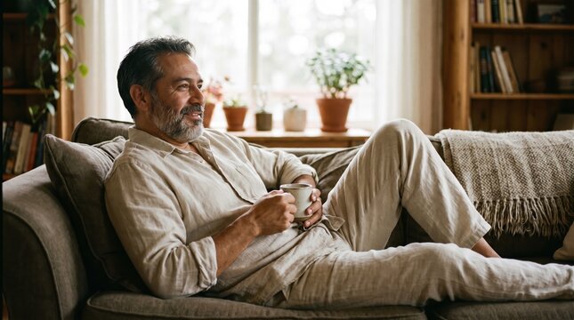 Mature man sits on comfortable sofa holding mug. Atmosphere is peaceful and cozy with natural light. Ideal for wellness, lifestyle, and home comfort themes.