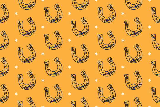 Equine horseshoe with stars seamless pattern on yellow background. Farrier horseshoe vintage repeating pattern. Stable horse shoe illustration retro repeat motif